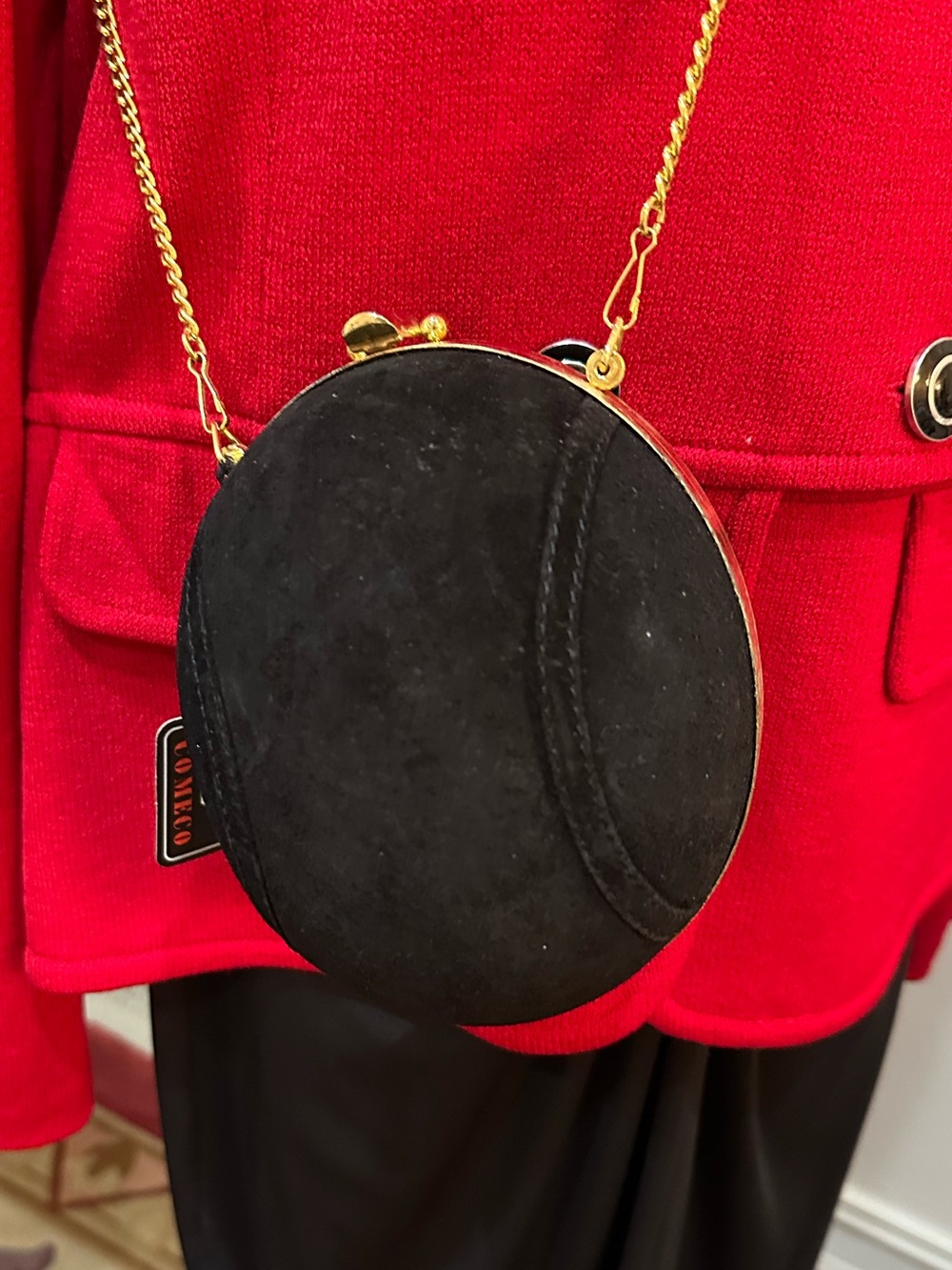 Vintage Comeco oblong black suede handbag with long gold chain. NWT